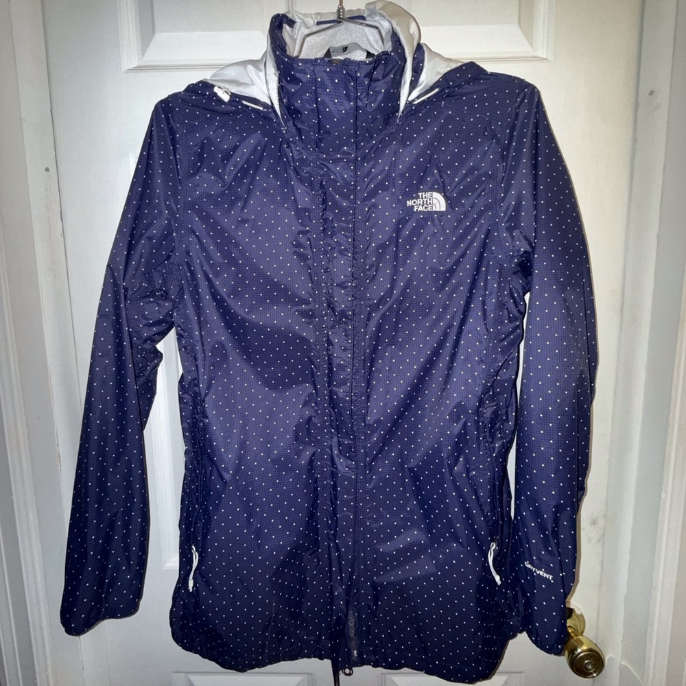 The North Face Women’s reserve parka rain jacket polka dot dry vent blue